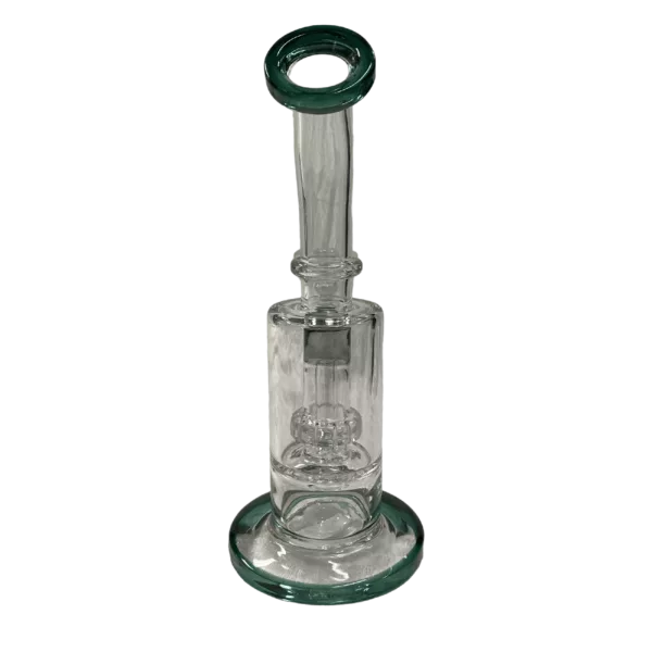 A clear glass bong with a small, round base, long slender neck, and small conical bowl. It has a bent mouthpiece and sits on a clear glass stand with a small circular base.