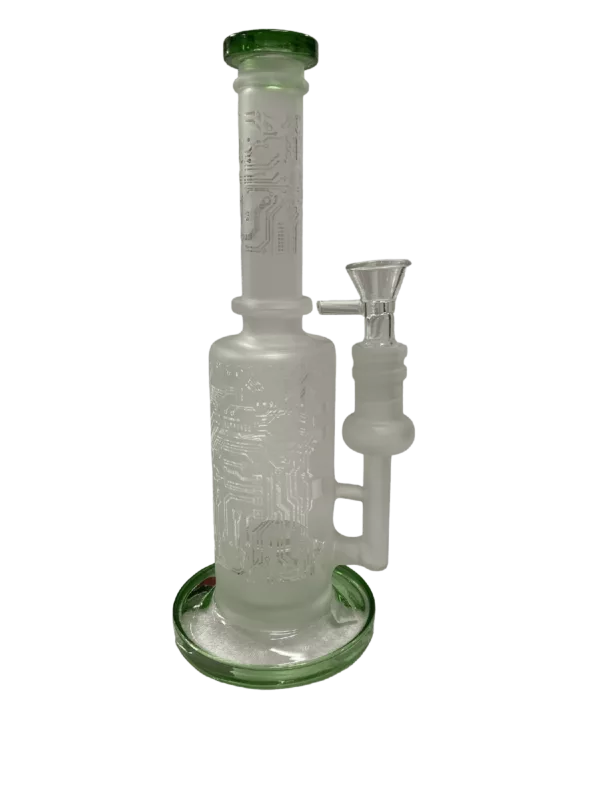 Handcrafted wooden bong with clear bowl, ice notch, green handle, and intricate base carvings - BVWB1.