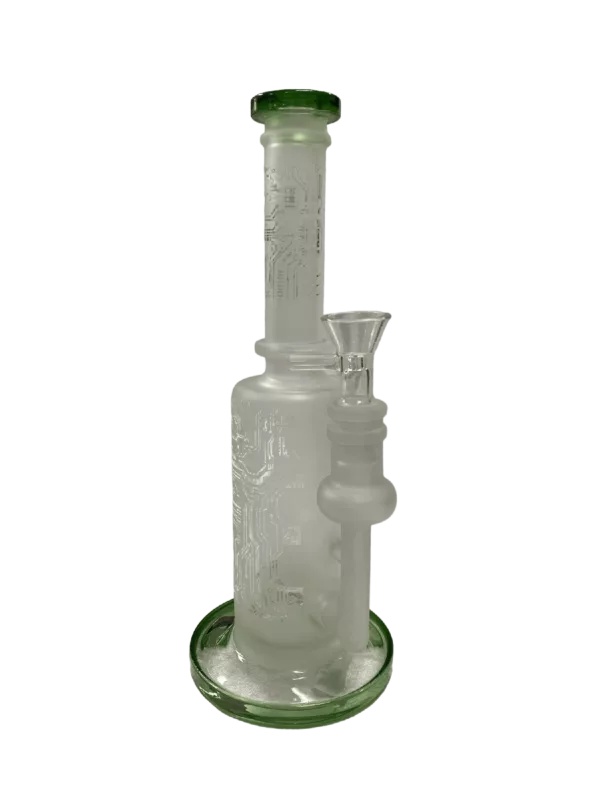 Clear glass bong with black stem accent and green base. Small white ring on stem base. Translucent and made of glass.