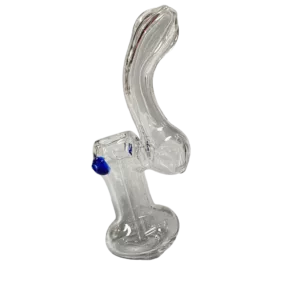 Big Clear Bong with Blue Chute - RRRXY10: Wave-shaped base, small bowl, transparent stem with blue accents, clear mouthpiece.