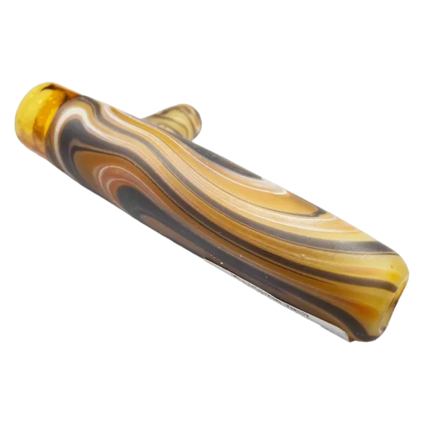 small, cylindrical chillum with black and gold stripe pattern, smooth glass bowl, large round tip, and circular hole on bottom.