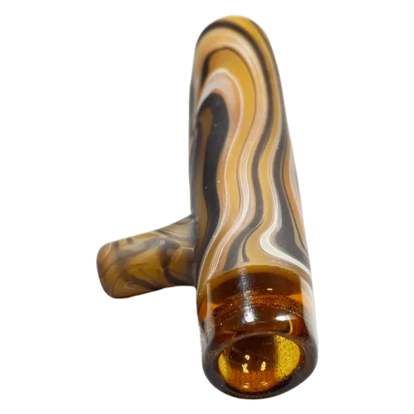 Handcrafted wooden compression chillum with brown and white marble glass and gold accents. Long and slender cylinder shape with small knob top and round base. Clear glass with wood grain pattern etched onto it.