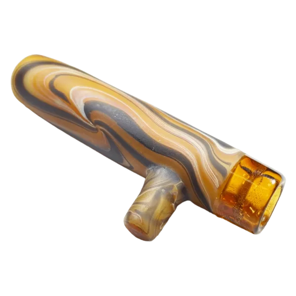Glass chillum with woodgrain pattern and metallic finish. Small hole on one end.