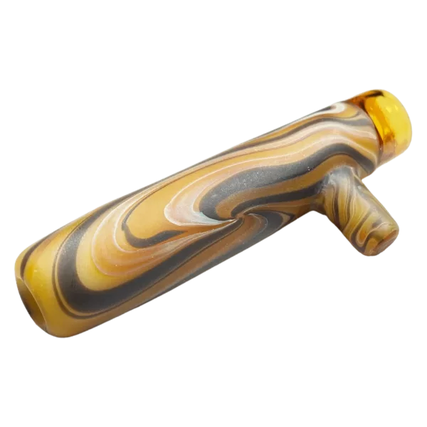yellow and black swirled glass pipe with a wooden handle and knob. It has a curved shape and is positioned on a green background.