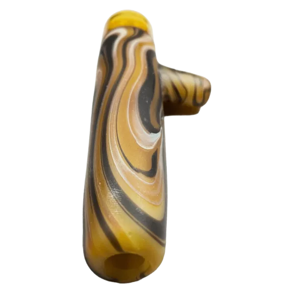 A unique, visually appealing glass chillum with a brown and yellow swirl design and small stem for easy handling.