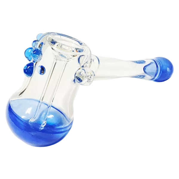 Habitat Glass' clear bong with blue handle and perforated downstem. Large downstem and bowl shape, good condition. Blue carburetor hole on handle, clear mouthpiece.