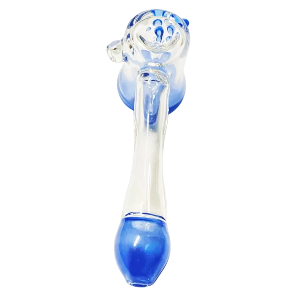 A blue and clear glass bubbler with a bulb shape, clear mouthpiece, and blue accents. It is used for smoking cannabis and held with one hand.