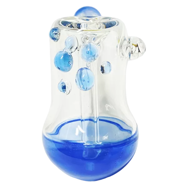 Glass cauldron with blue liquid and bubbling effect, suitable for smoking.