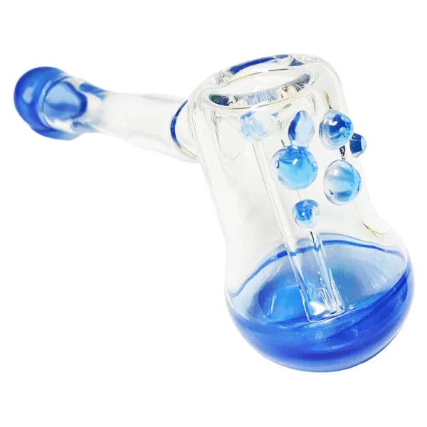 A clear glass bubbler with a blue stem and percolator, featuring small bubbles in the base.