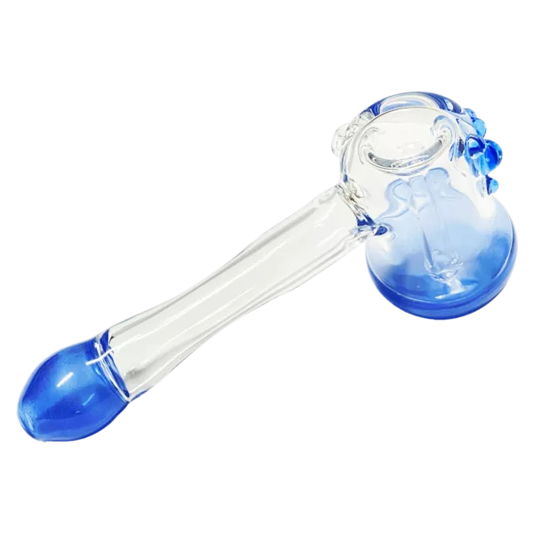 Wizard-inspired cauldron bubbler by Habitat Glass, made of clear glass with blue handle and wide base for water and herb smoking.