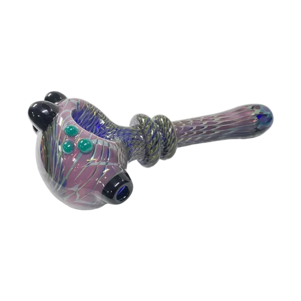 Habitat Glass Double Layer Hand Pipe features a clear glass body with purple and green accents, a small bowl and mouthpiece, and a blue and green stripe on the shaft.