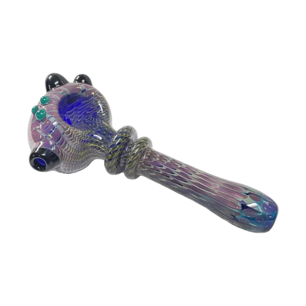 Glass bong with blue and purple swirl design, clear glass stem, small round base and taller bowl with circular hole and handle. Handle has clear glass knob with circular hole. Sitting on white background.