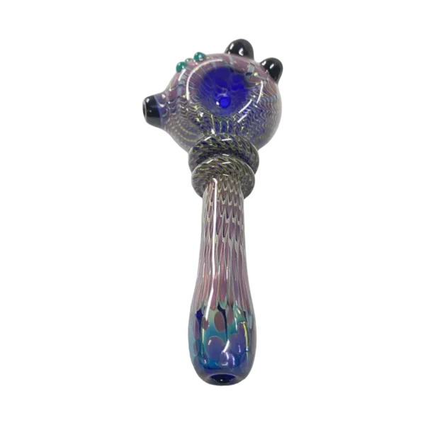 Elegant Double Layer Hand Pipe - Habitat Glass: Glass pipe with blue and purple design, small curved mouthpiece and long curved stem. Clear base and bowl with swirling pattern, decorated with small blue and purple bead. Stylish and sophisticated.