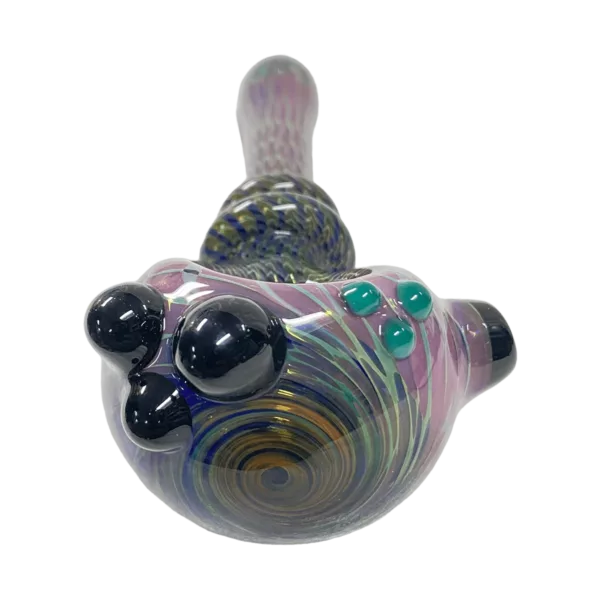 Glass pipe with colorful, interconnected circle design. Round shape with small and large holes. Smooth surface, made of glass. Habitat Glass.