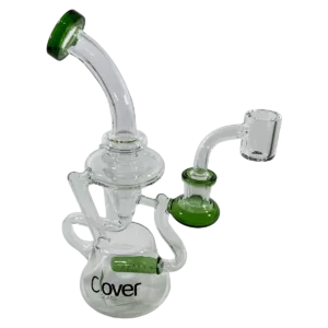 Glass water pipe with green and white handle, connected to a base with two openings. Transparent body. Robo Rig Water Pipe - CCWPE439.