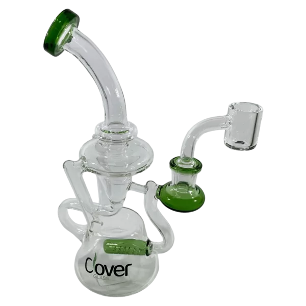 Glass water pipe with green and white handle, connected to a base with two openings. Transparent body. Robo Rig Water Pipe - CCWPE439.