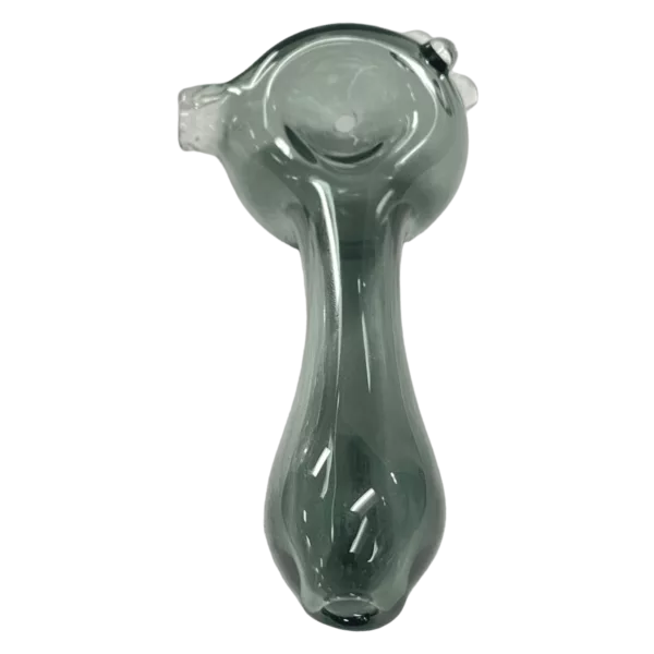 Clear glass bong with long, curved neck and small, round base. Small bowl and larger base with circular holes. Green background.