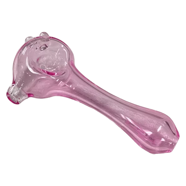 Clear, pink glass spoon with a long, slender curved shape and smooth handle. Perfect for stirring or serving food.