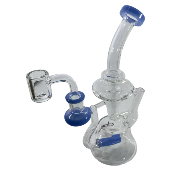 A long, narrow glass water pipe with a blue plastic handle and clear glass tube.