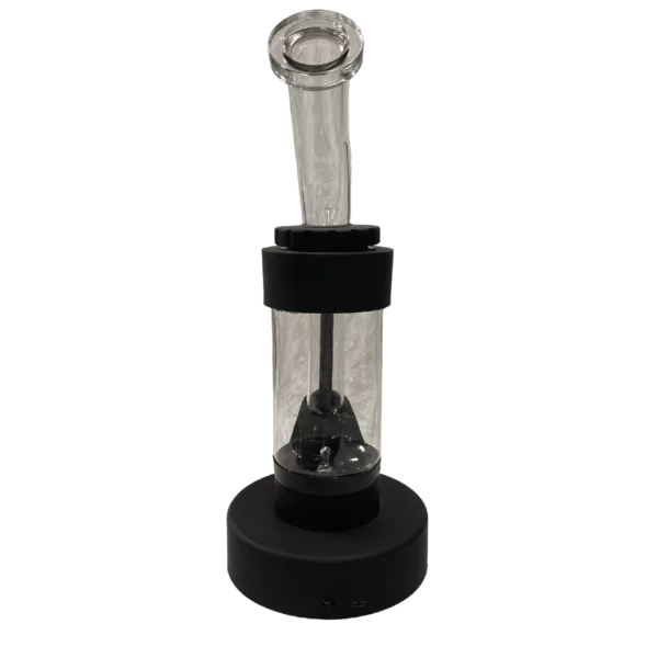 black, metallic glass bong with a clear glass mouthpiece and small circular base.
