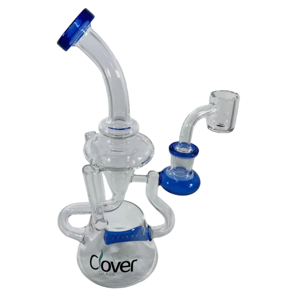 Clear glass body with blue accents, metal mouthpiece, long blue accent on middle. Well-lit image.