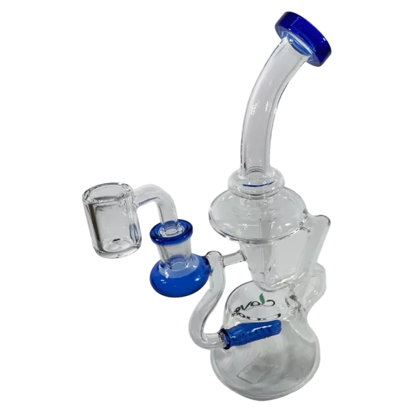 Robo Rig Water Pipe features a clear glass tube, blue rubber handle, and transparent base with blue rubber grips. It has two small holes for water flow and one large hole for smoke inhalation.