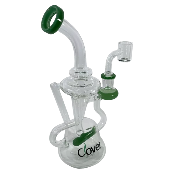 Clear glass with metal base and acrylic stem. Connected to acrylic diffuser, green plastic ring at stem end. White base with 'Robo Rig' in green.