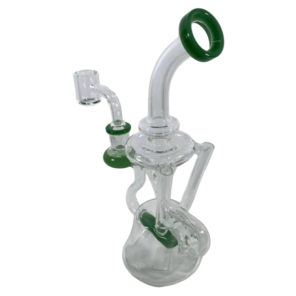 Large, clear glass bong with green stem and base, and a large downstem.
