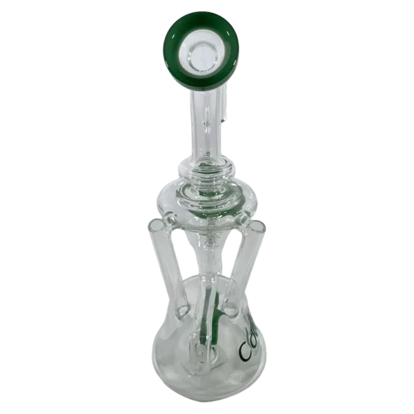 Chrome and glass water pipe with green accents and small glass bead at base. Cylindrical shape with circular opening for smoke filtration.