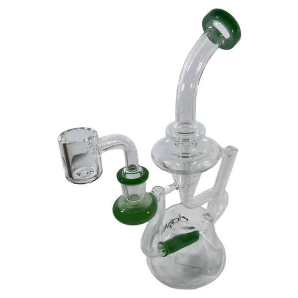 Glass pipe with green accents, percolator, wooden stand, classic beaker shape, wide mouth, handle, downstem, and quartz banger.