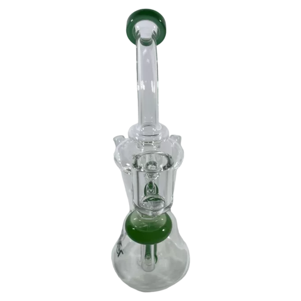 Unique glass water pipe with green plastic handle and clear glass body. Simple design with a round button on top. Tapered cylindrical body. #RoboRigWaterPipe #CCWPE439