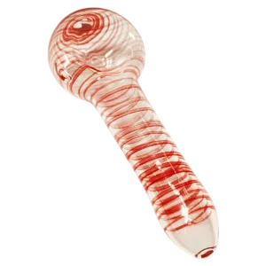Handcrafted red and white striped glass popcorn spoon with smooth curved edge, perfect for serving food.