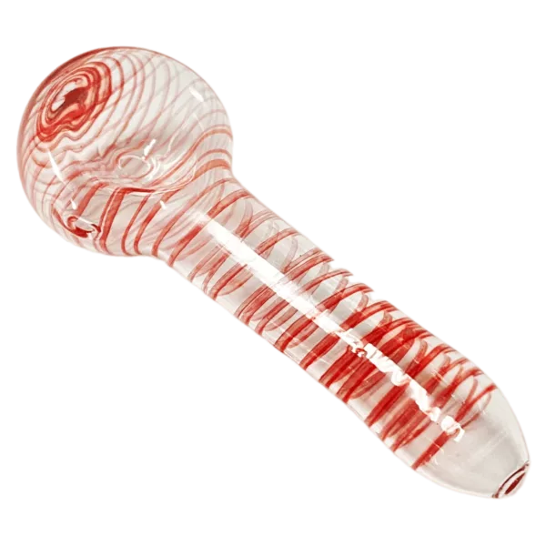 Red and white striped glass pipe with long curved stem and small round bowl on green background.