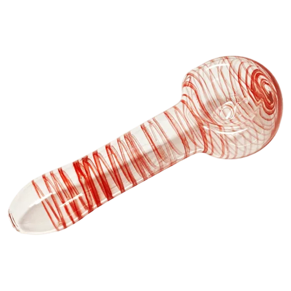 Red and white striped glass pipe with small hole, sitting on green surface, called Popcorn Spoon - VSACHP.