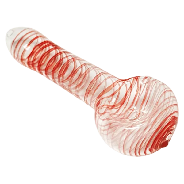 Smooth, shiny red and white striped glass spoon with curved handle, perfect for popcorn.
