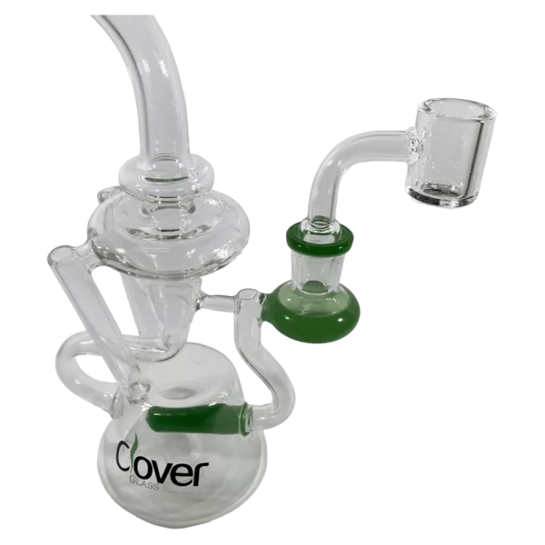 A green-stemmed, clear-bowl glass water pipe with a curved stem, cylindrical bowl, and small smoke hole. The bowl has a perforated base and is connected to the stem by a small round base.
