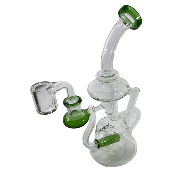 Clear glass bong with green stem and small bowl, listed as Robo Rig Water Pipe CCWPE439.