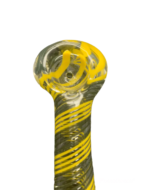 Glass bong with yellow & black stripes, small bowl, long stem, and green background.