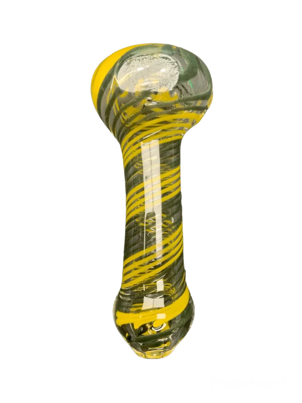 The Black & Yellow Wiz glass pipe from VSACHP146 features a yellow and black swirl design, a clear bowl, and a black stem. It is shown on a green background.