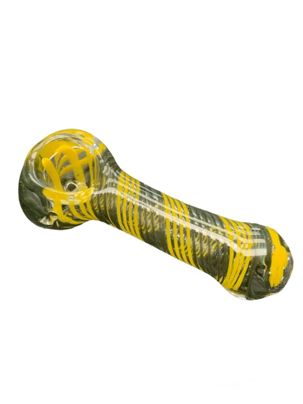 Yellow and black glass pipe with long, curved shape and small, round bowl and stem. Black & Yellow Wiz - VSACHP146.