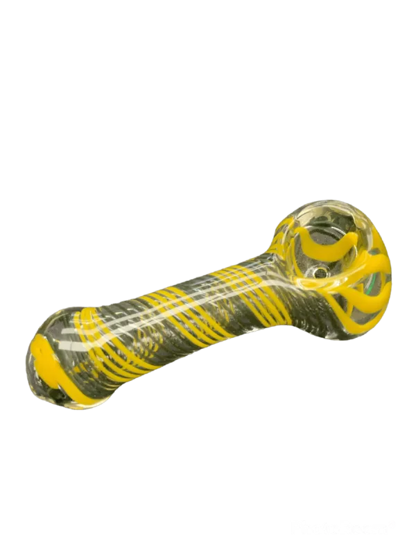 Curved glass pipe with yellow and black stripes and transparent bowl. Perfect for a chill smoke session.