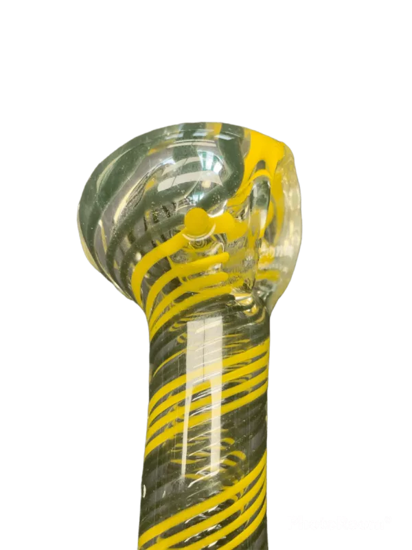 Long, curved glass smoking pipe with yellow and black stripes. Made of glass, has a hole at the top and a small base. Colors are yellow, black, and gray.