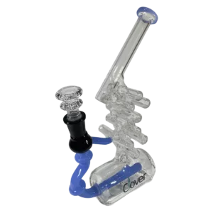Clear glass bong with blue accents, small and large bowls. Green surface shown.