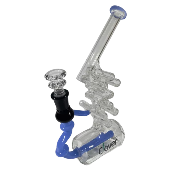 Clear glass bong with blue accents, small and large bowls. Green surface shown.