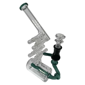 Clear glass water pipe with transparent stem and mouthpiece, featuring 'Stair Way To Heaven' engraving on base.