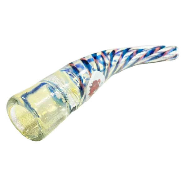 Handcrafted glass blowfish pipe with blue, red, and white stripes. Artistic design for decorative use.