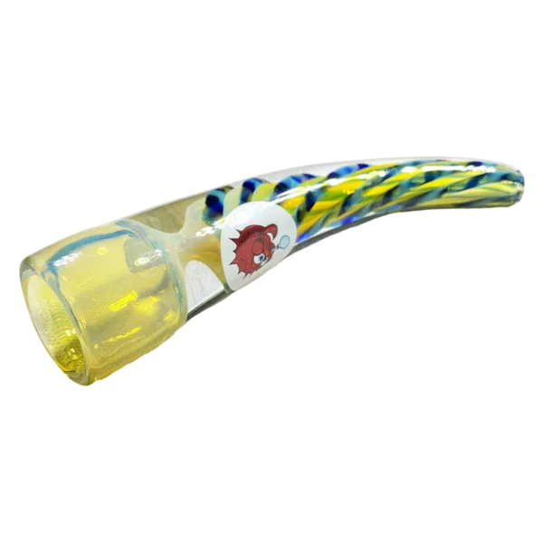 Handcrafted blowfish design pipe with long curved stem and clear blue/yellow glass body. #FineSilverFumedPipe #Blowfish149OH