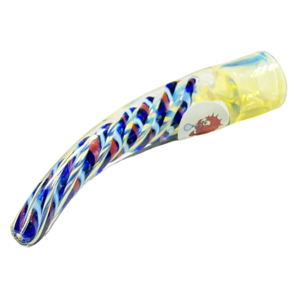 Blue & white striped glass pipe with red & blue accents, spiral body & small loop tip. #Blowfish149OH