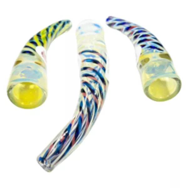 Handcrafted glass blowfish pipe with blue, red, and yellow stripes, made from fine silver fume.