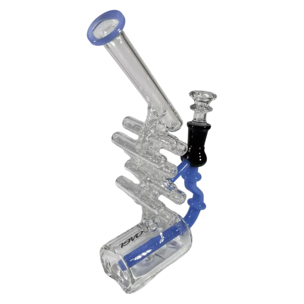 Elegant clear glass bong with blue handle and clear stem. Perfect for smoking enthusiasts.